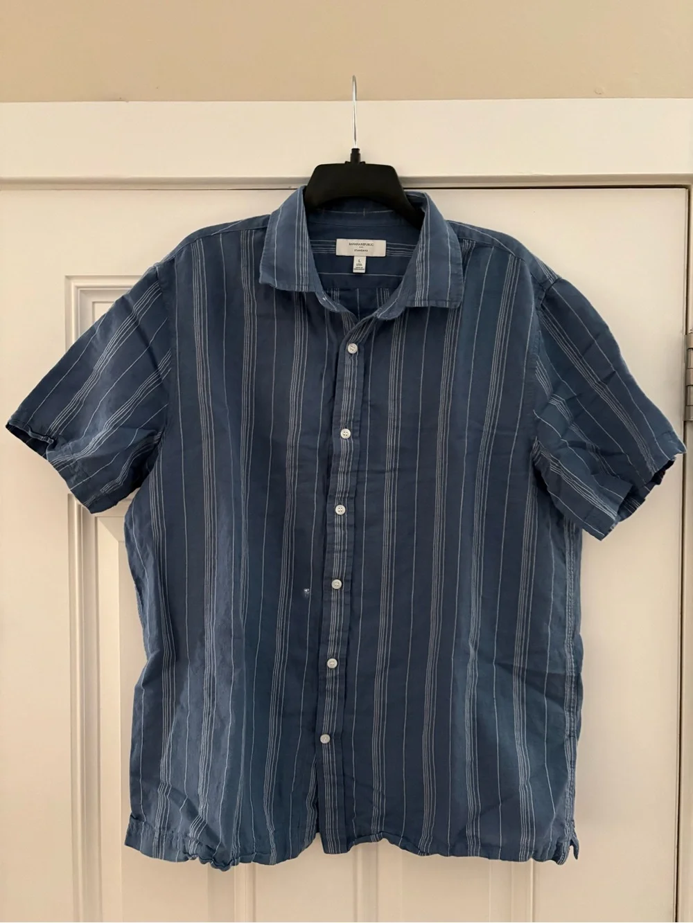Men Blue Striped Short-Sleeve Shirt - Banana Republic
